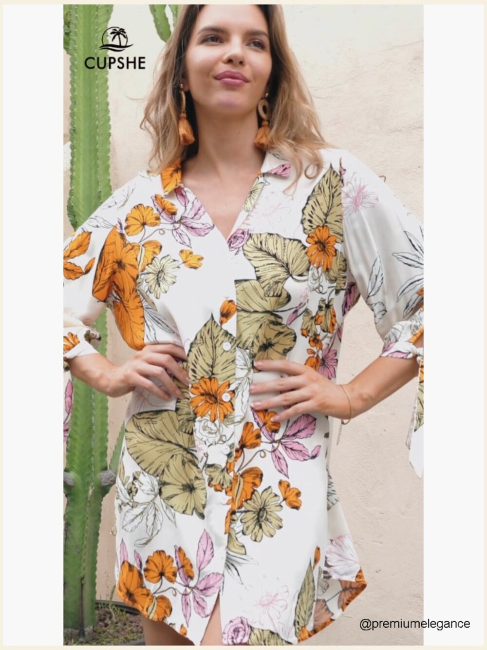 Mini Summer Dress Cover Up Oversize Floral Shirt 3/4 Sleeve Cuff Tie Button - Picture 7 of 7